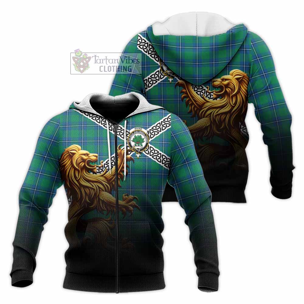 Tartan Vibes Clothing Irvine Crest Tartan Knitted Hoodie with Golden Lion Emblem Celtic Style