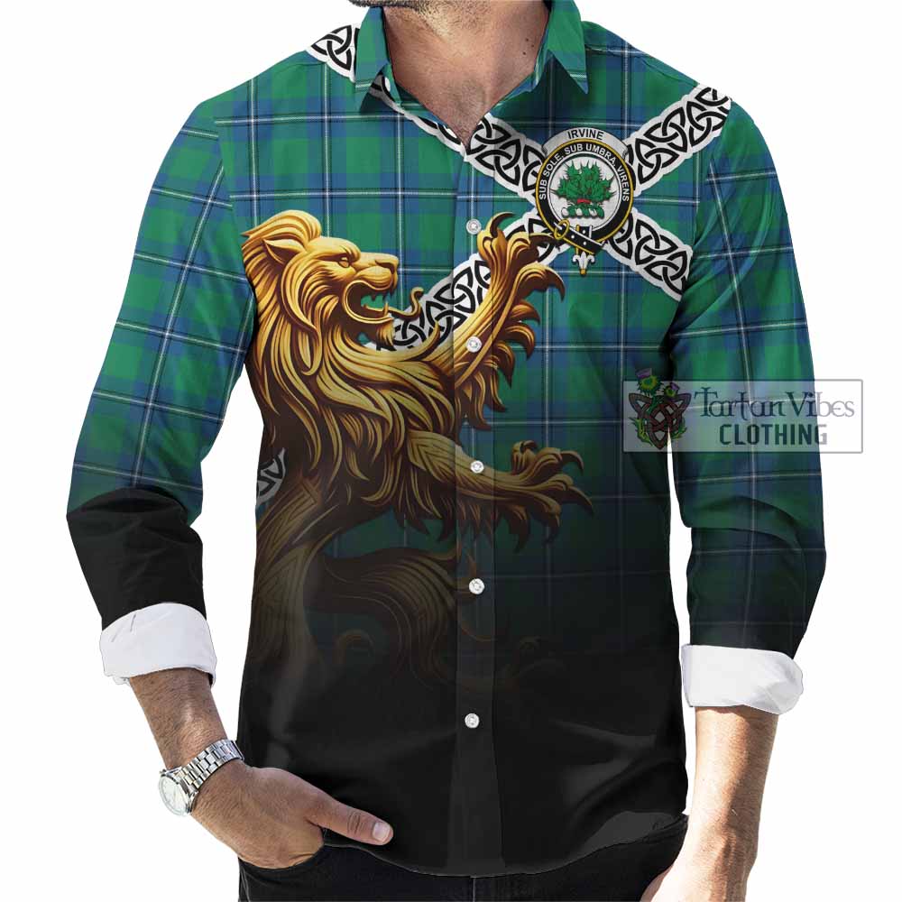 Tartan Vibes Clothing Irvine Crest Tartan Long Sleeve Button Shirt with Golden Lion Emblem Celtic Style