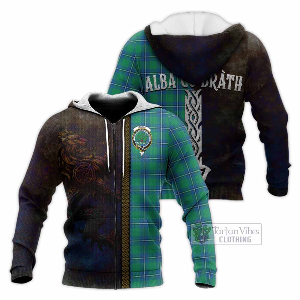 Tartan Vibes Clothing Irvine Tartan Family Crest Knitted Hoodie Alba Gu Brath Be Brave Lion Ancient Style
