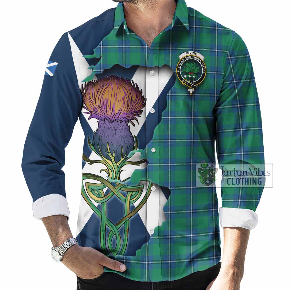 Tartan Vibes Clothing Irvine Tartan Family Crest Long Sleeve Button Shirt Scottish Thistle Celtic Inspired