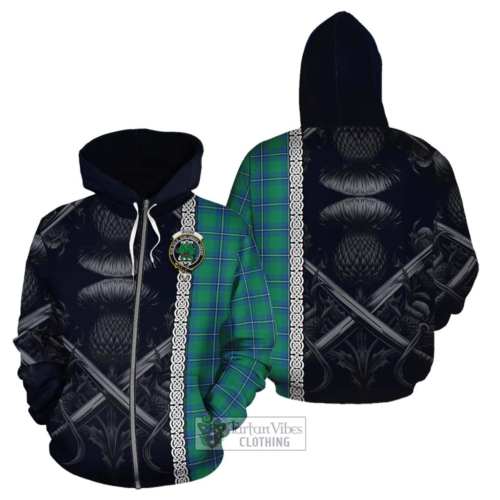 Tartan Vibes Clothing Irvine Tartan Cotton Hoodie with Family Crest Cross Sword Thistle Celtic Vibes