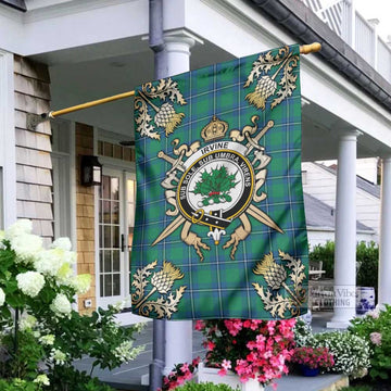Irvine Tartan Garden Flag with Family Crest and Golden Thistle Crossed Sword Design