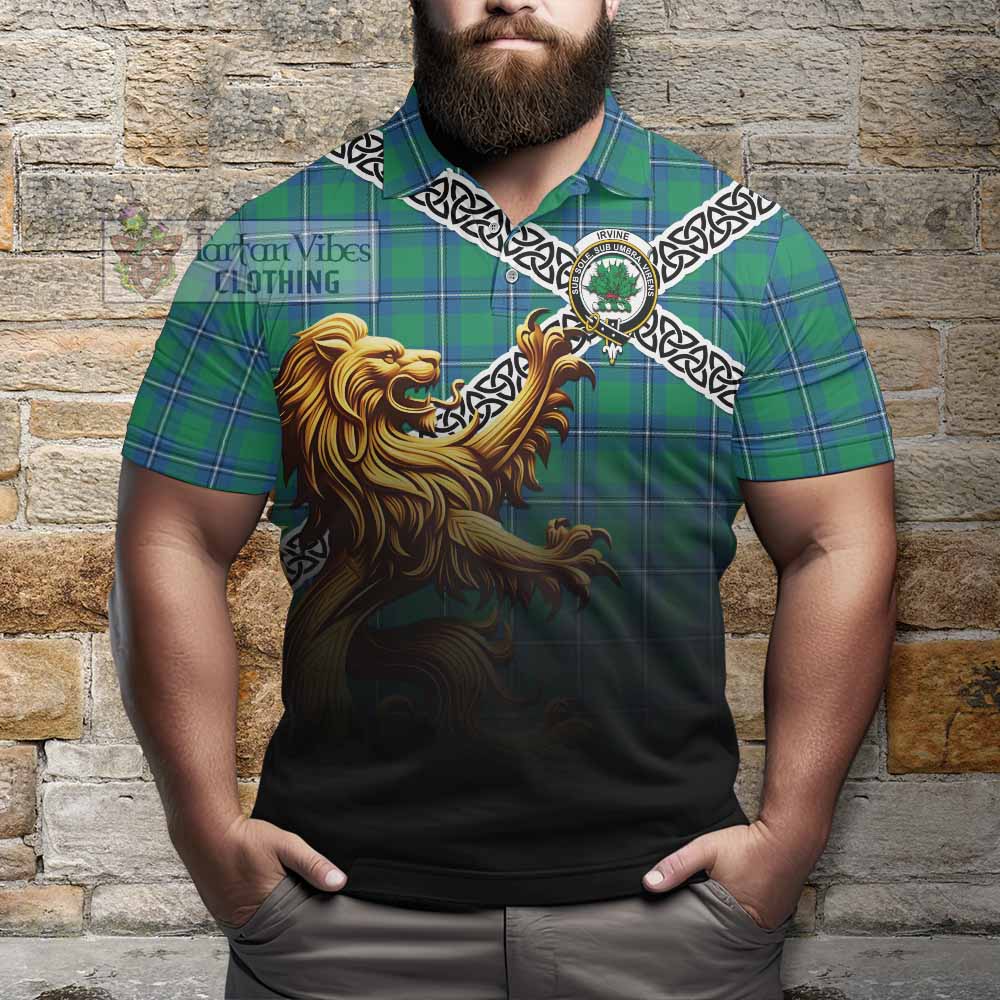 Tartan Vibes Clothing Irvine Crest Tartan Polo Shirt with Golden Lion Emblem Celtic Style