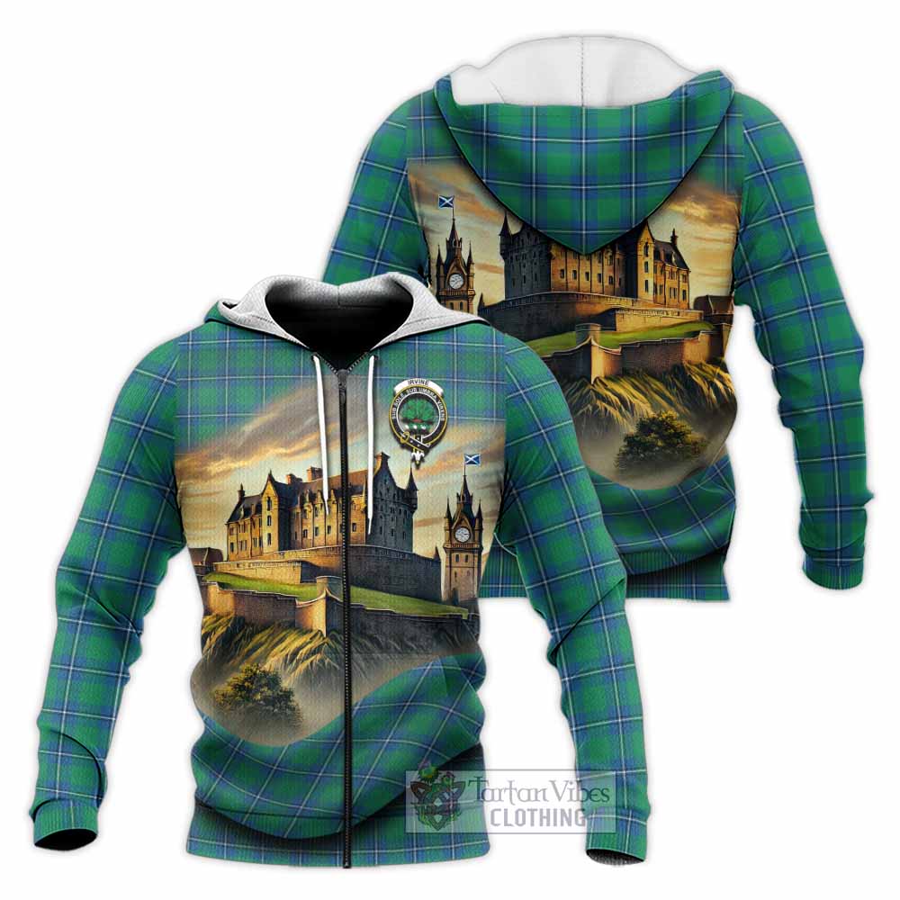Tartan Vibes Clothing Irvine Tartan Family Crest Knitted Hoodie with Scottish Ancient Castle Style