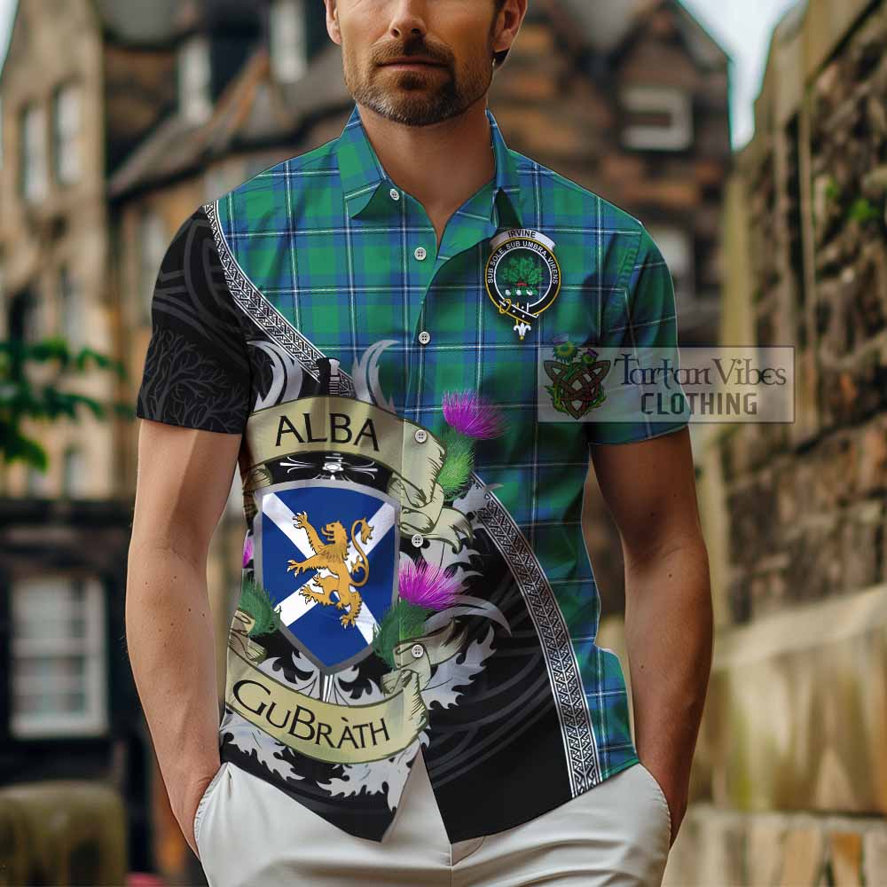Tartan Vibes Clothing Irvine Tartan Family Crest Short Sleeve Button Shirt Lion Rampant Royal Thistle Shield Celtic Inspired