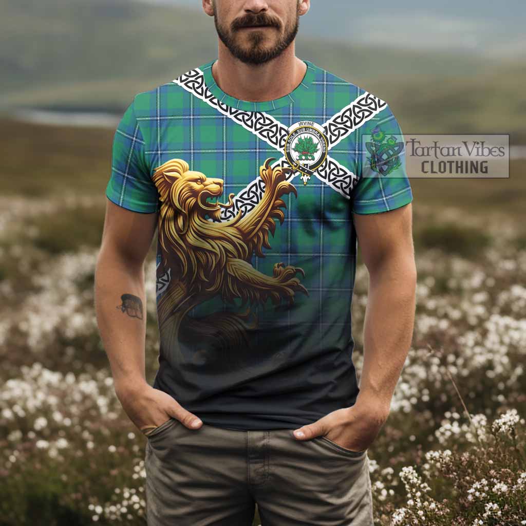 Tartan Vibes Clothing Irvine Crest Tartan T-Shirt with Golden Lion Emblem Celtic Style