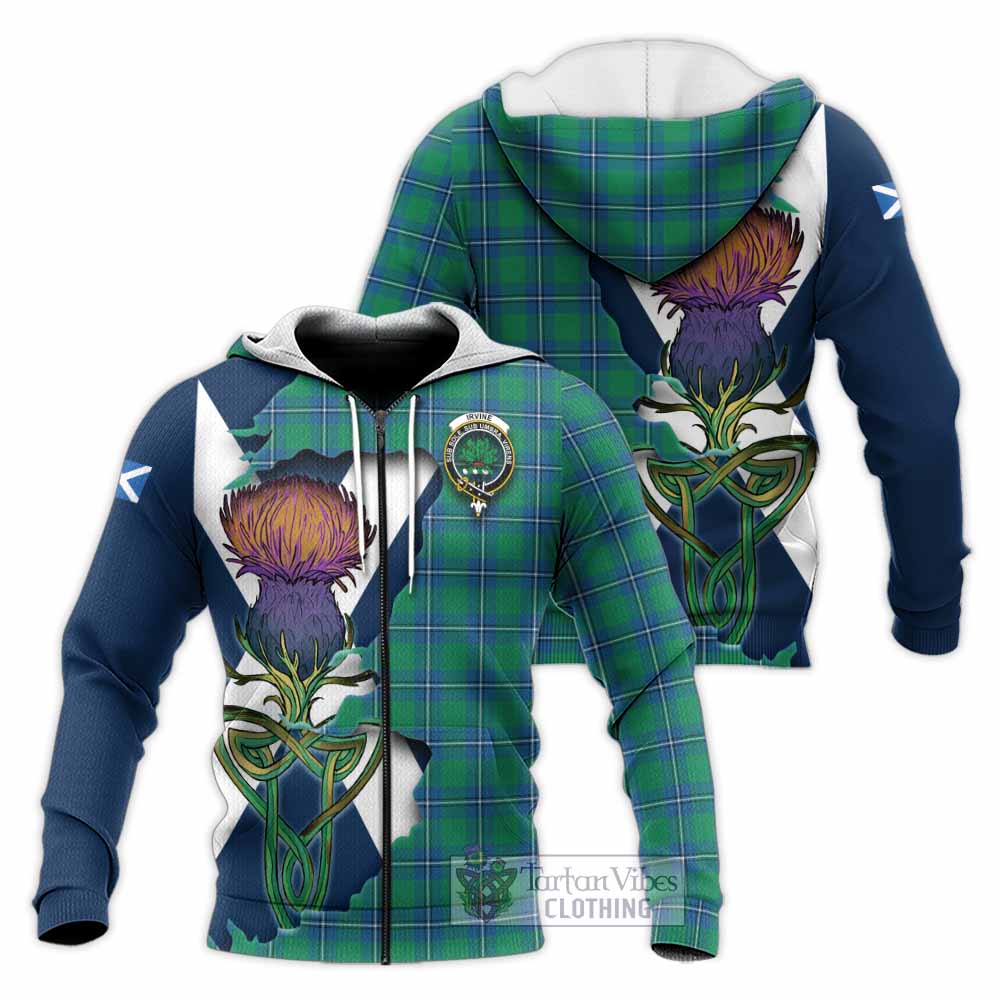 Tartan Vibes Clothing Irvine Tartan Family Crest Knitted Hoodie Scottish Thistle Celtic Inspired