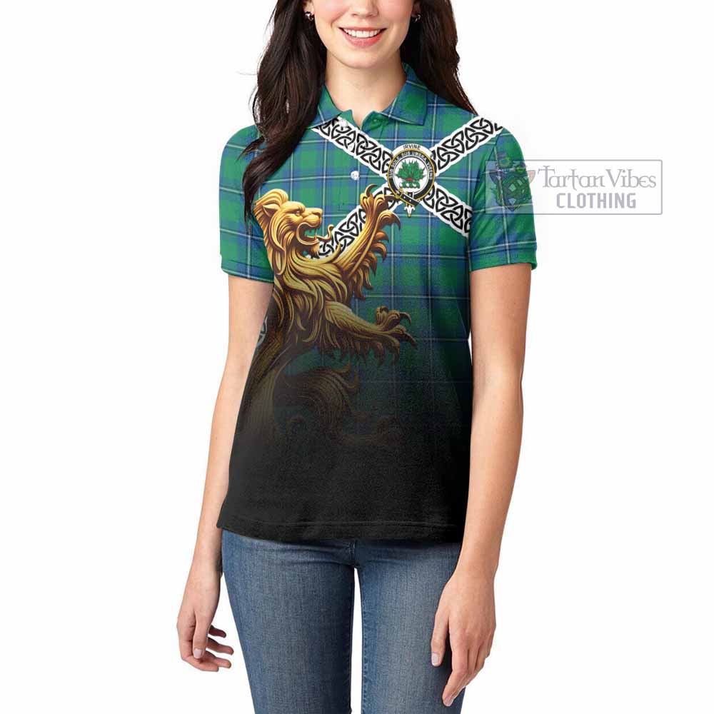 Tartan Vibes Clothing Irvine Crest Tartan Women's Polo Shirt with Golden Lion Emblem Celtic Style