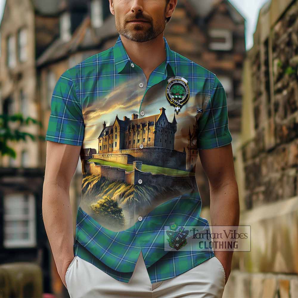 Tartan Vibes Clothing Irvine Tartan Family Crest Short Sleeve Button Shirt with Scottish Ancient Castle Style