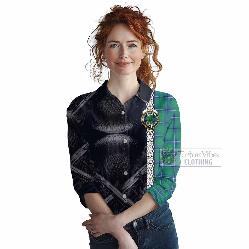 Tartan Vibes Clothing Irvine Tartan Women's Casual Shirt with Family Crest Cross Sword Thistle Celtic Vibes