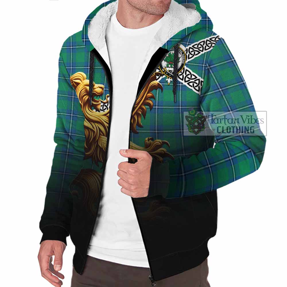 Tartan Vibes Clothing Irvine Crest Tartan Sherpa Hoodie with Golden Lion Emblem Celtic Style