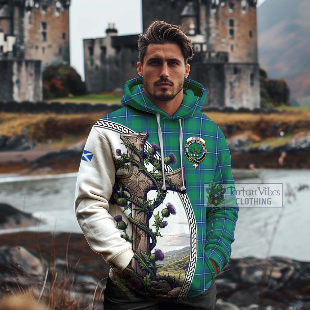 Tartan Vibes Clothing Irvine Tartan Cotton Hoodie with Family Crest and St. Andrew's Cross Accented by Thistle Vines