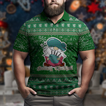 Irvine Ancient Clan Christmas Family Polo Shirt with Funny Gnome Playing Bagpipes