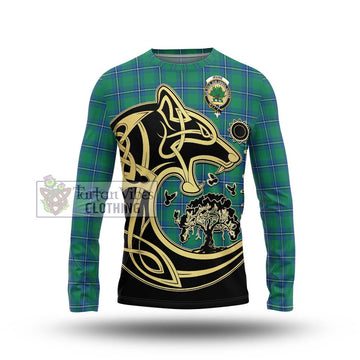 Irvine Tartan Long Sleeve T-Shirt with Family Crest Celtic Wolf Style