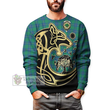 Irvine Tartan Sweatshirt with Family Crest Celtic Wolf Style Unisex - Tartan Vibes Clothing