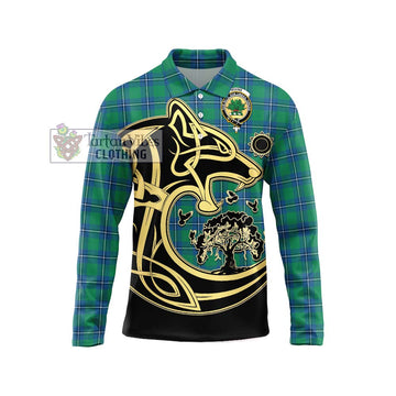 Irvine Tartan Long Sleeve Polo Shirt with Family Crest Celtic Wolf Style