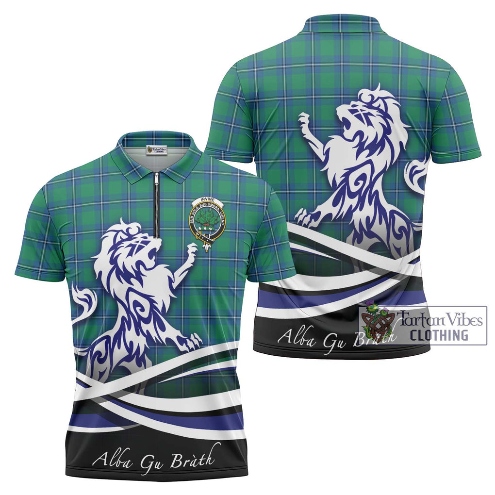 Irvine Tartan Zipper Polo Shirt with Alba Gu Brath Regal Lion Emblem Unisex - Tartanvibesclothing Shop