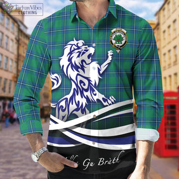 Irvine Ancient Tartan Long Sleeve Button Up Shirt with Alba Gu Brath Regal Lion Emblem