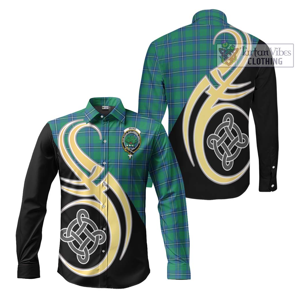 Irvine Tartan Long Sleeve Button Shirt with Family Crest and Celtic Symbol Style Men's Shirt S - Tartan Vibes Clothing