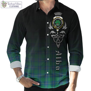 Irvine Ancient Tartan Long Sleeve Button Up Featuring Alba Gu Brath Family Crest Celtic Inspired