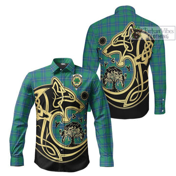 Irvine Tartan Long Sleeve Button Shirt with Family Crest Celtic Wolf Style