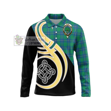 Irvine Tartan Long Sleeve Polo Shirt with Family Crest and Celtic Symbol Style