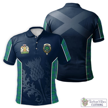 Irvine Ancient Tartan Men's Polo Shirt with Family Crest and Scottish Thistle Vibes Sport Style