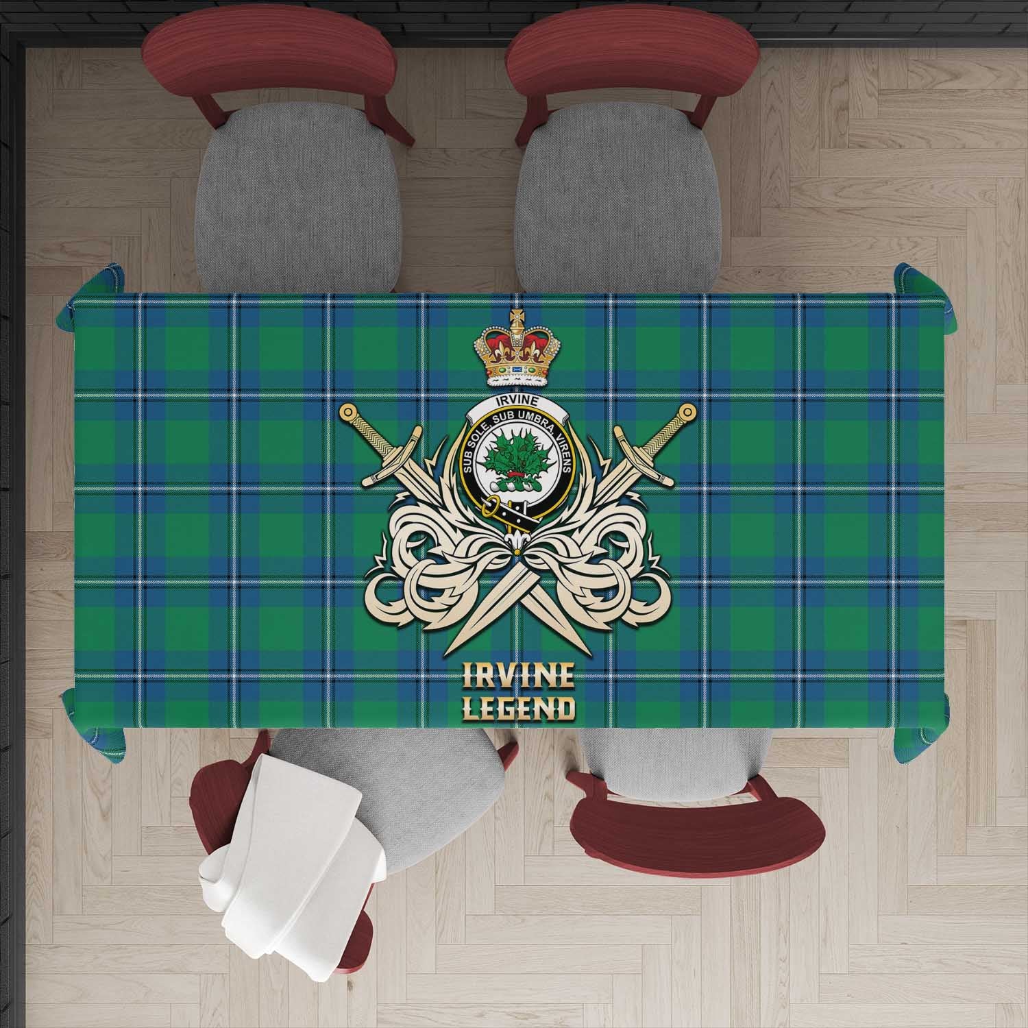 Tartan Vibes Clothing Irvine Ancient Tartan Tablecloth with Clan Crest and the Golden Sword of Courageous Legacy