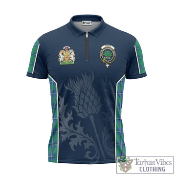 Irvine Ancient Tartan Zipper Polo Shirt with Family Crest and Scottish Thistle Vibes Sport Style