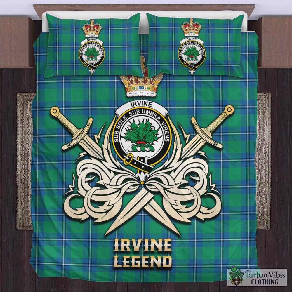 Tartan Vibes Clothing Irvine Ancient Tartan Bedding Set with Clan Crest and the Golden Sword of Courageous Legacy