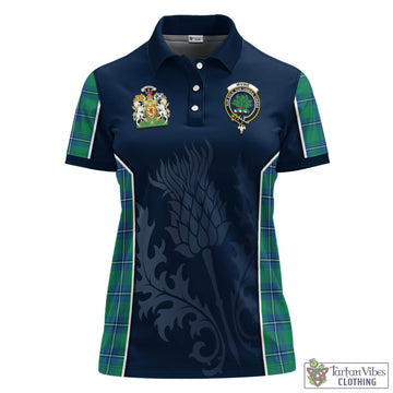 Irvine Ancient Tartan Women's Polo Shirt with Family Crest and Scottish Thistle Vibes Sport Style