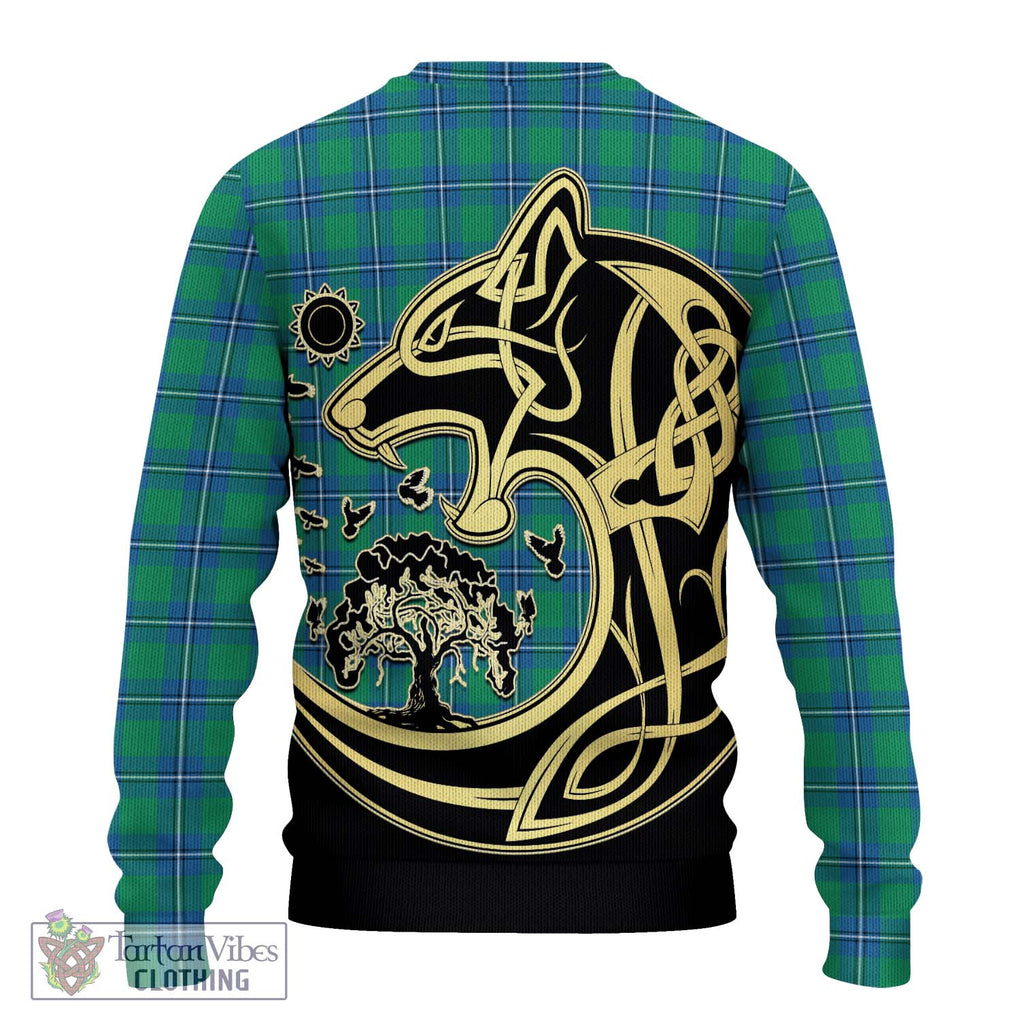 Irvine Tartan Knitted Sweater with Family Crest Celtic Wolf Style - Tartan Vibes Clothing