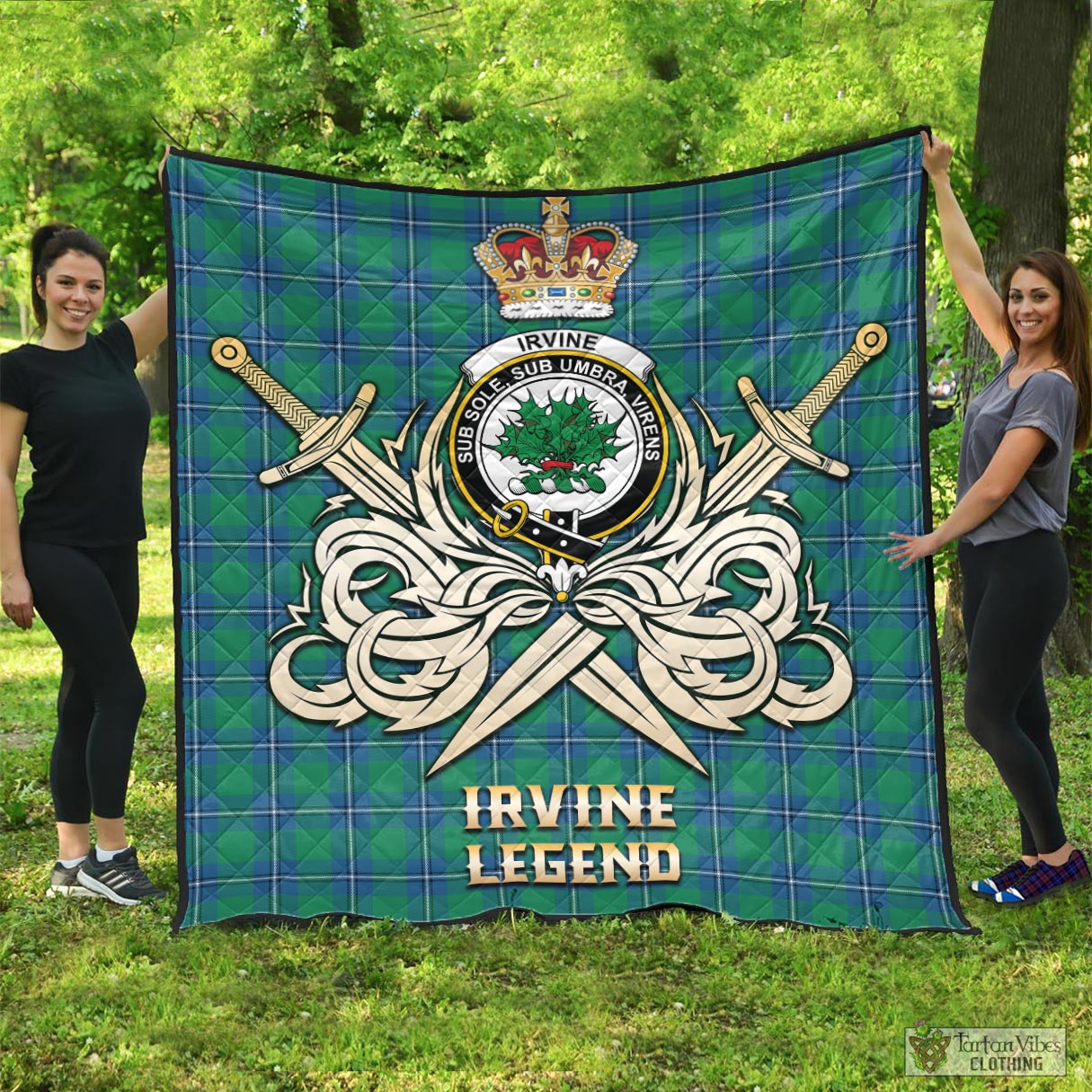 Tartan Vibes Clothing Irvine Ancient Tartan Quilt with Clan Crest and the Golden Sword of Courageous Legacy