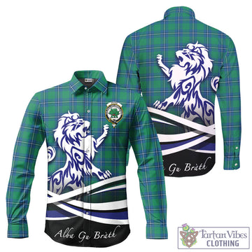 Irvine Ancient Tartan Long Sleeve Button Up Shirt with Alba Gu Brath Regal Lion Emblem
