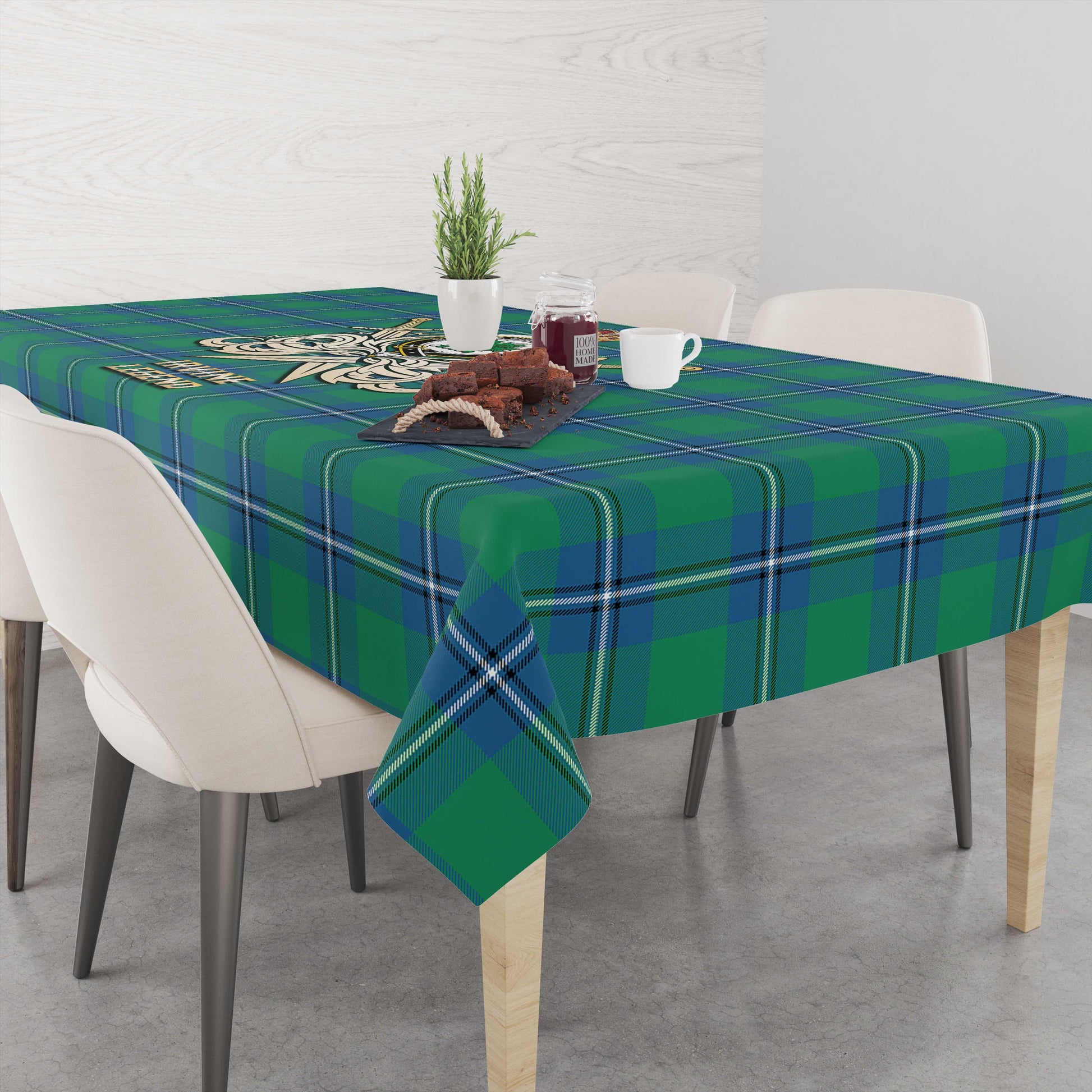 Tartan Vibes Clothing Irvine Ancient Tartan Tablecloth with Clan Crest and the Golden Sword of Courageous Legacy