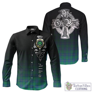 Irvine Ancient Tartan Long Sleeve Button Up Featuring Alba Gu Brath Family Crest Celtic Inspired