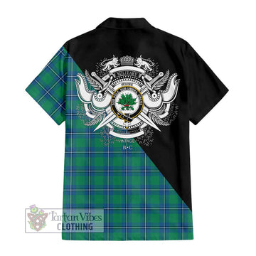 Irvine Tartan Short Sleeve Button Shirt with Family Crest and Military Logo Style - Tartanvibesclothing Shop