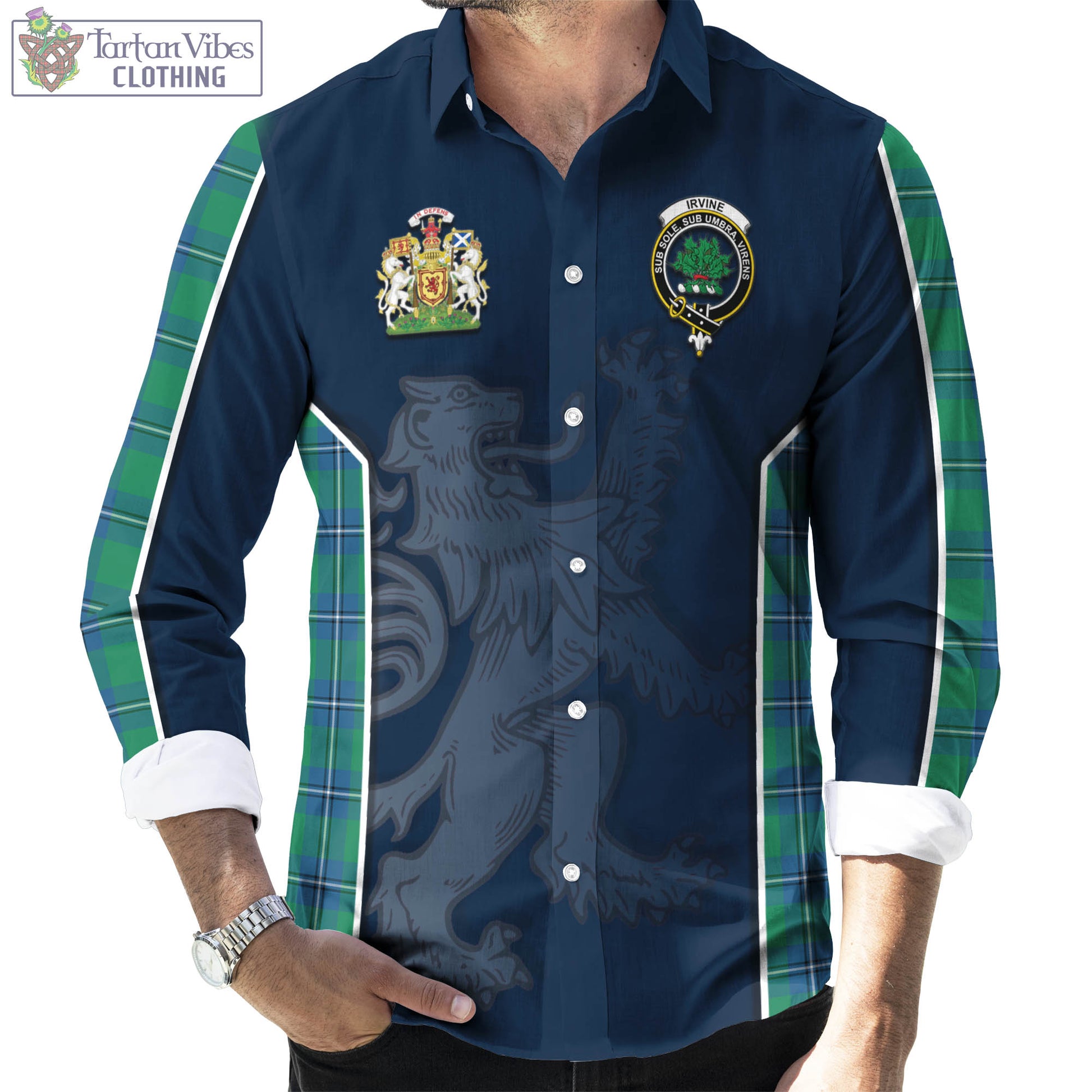 Tartan Vibes Clothing Irvine Ancient Tartan Long Sleeve Button Up Shirt with Family Crest and Lion Rampant Vibes Sport Style