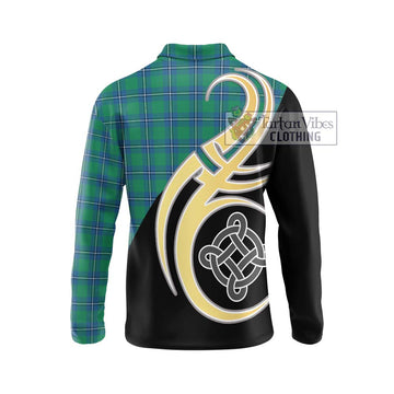 Irvine Tartan Long Sleeve Polo Shirt with Family Crest and Celtic Symbol Style