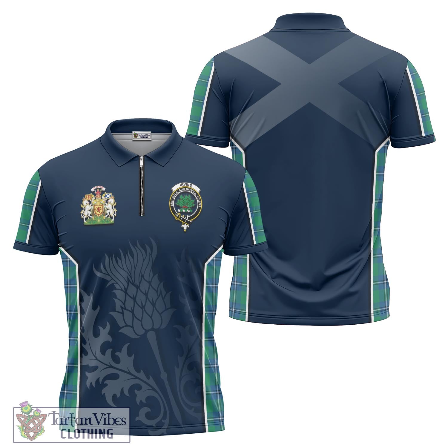 Tartan Vibes Clothing Irvine Ancient Tartan Zipper Polo Shirt with Family Crest and Scottish Thistle Vibes Sport Style