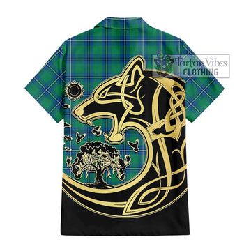 Irvine Tartan Short Sleeve Button Shirt with Family Crest Celtic Wolf Style - Tartan Vibes Clothing