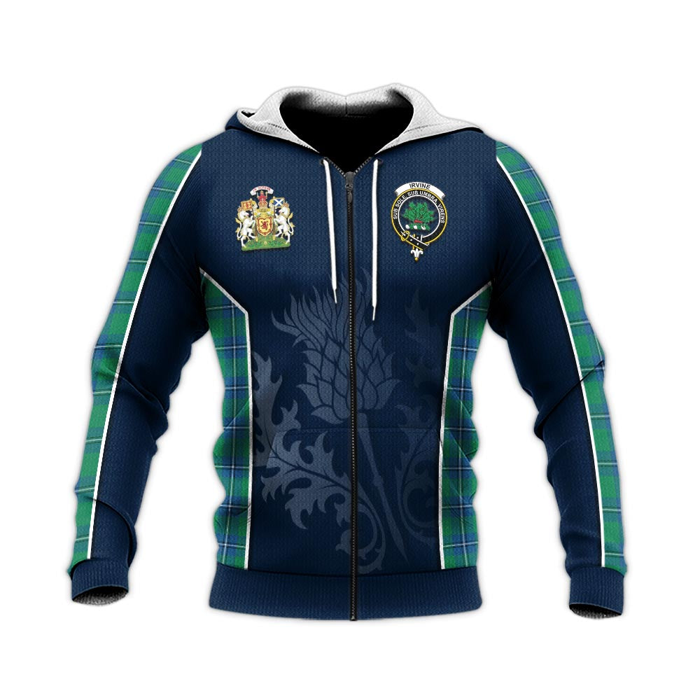Tartan Vibes Clothing Irvine Ancient Tartan Knitted Hoodie with Family Crest and Scottish Thistle Vibes Sport Style