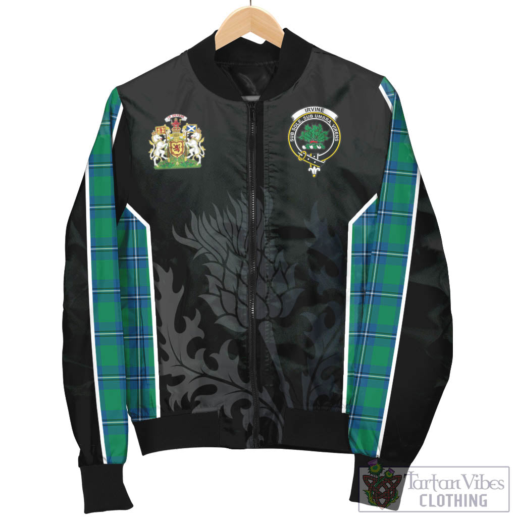 Tartan Vibes Clothing Irvine Ancient Tartan Bomber Jacket with Family Crest and Scottish Thistle Vibes Sport Style