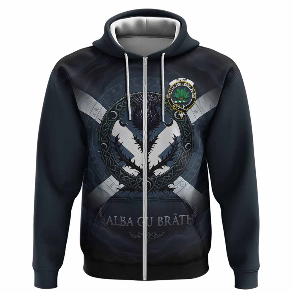Irvine Clan Crest Hoodie with Celtic Knot Thistle and Saltire