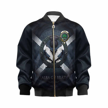 Irvine Clan Crest Kid Bomber Jacket with Celtic Knot Thistle and Saltire
