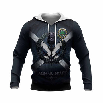 Irvine Clan Crest Knitted Hoodie with Celtic Knot Thistle and Saltire