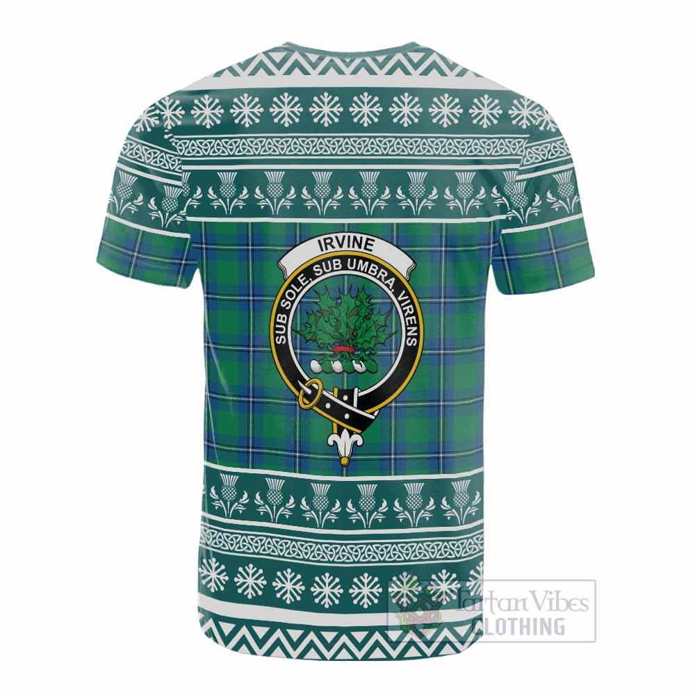Irvine Clan Tartan Christmas Cotton T-shirt with Family Crest - Tartan Vibes Clothing
