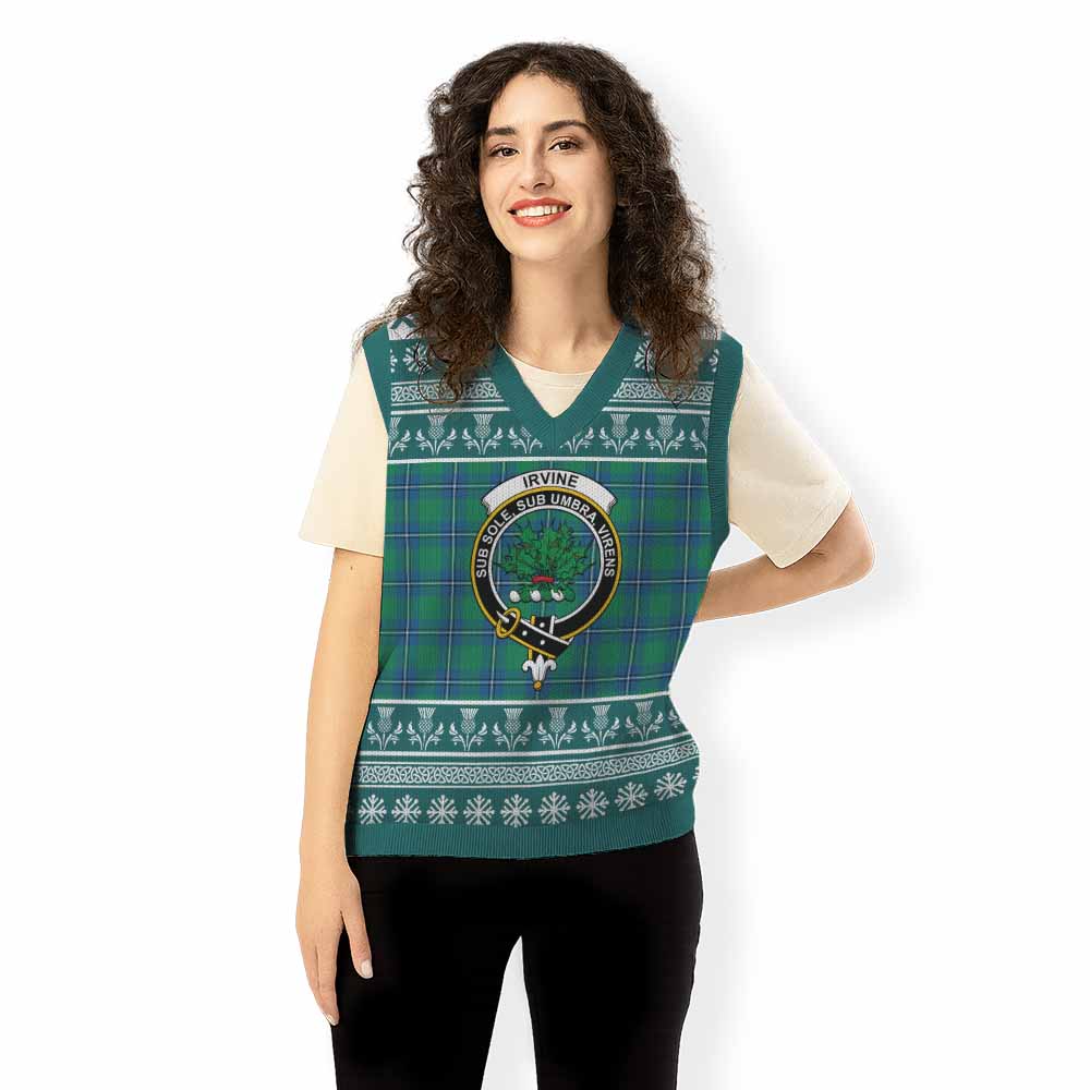 Irvine Clan Tartan Christmas Knitted V-Neck Vest with Family Crest - Tartan Vibes Clothing