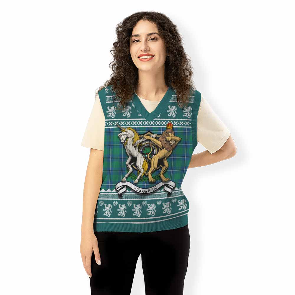 Irvine Clan Tartan Crest Christmas Knitted V-Neck Vest Coat of Arms Funny Style - Tartan Vibes Clothing