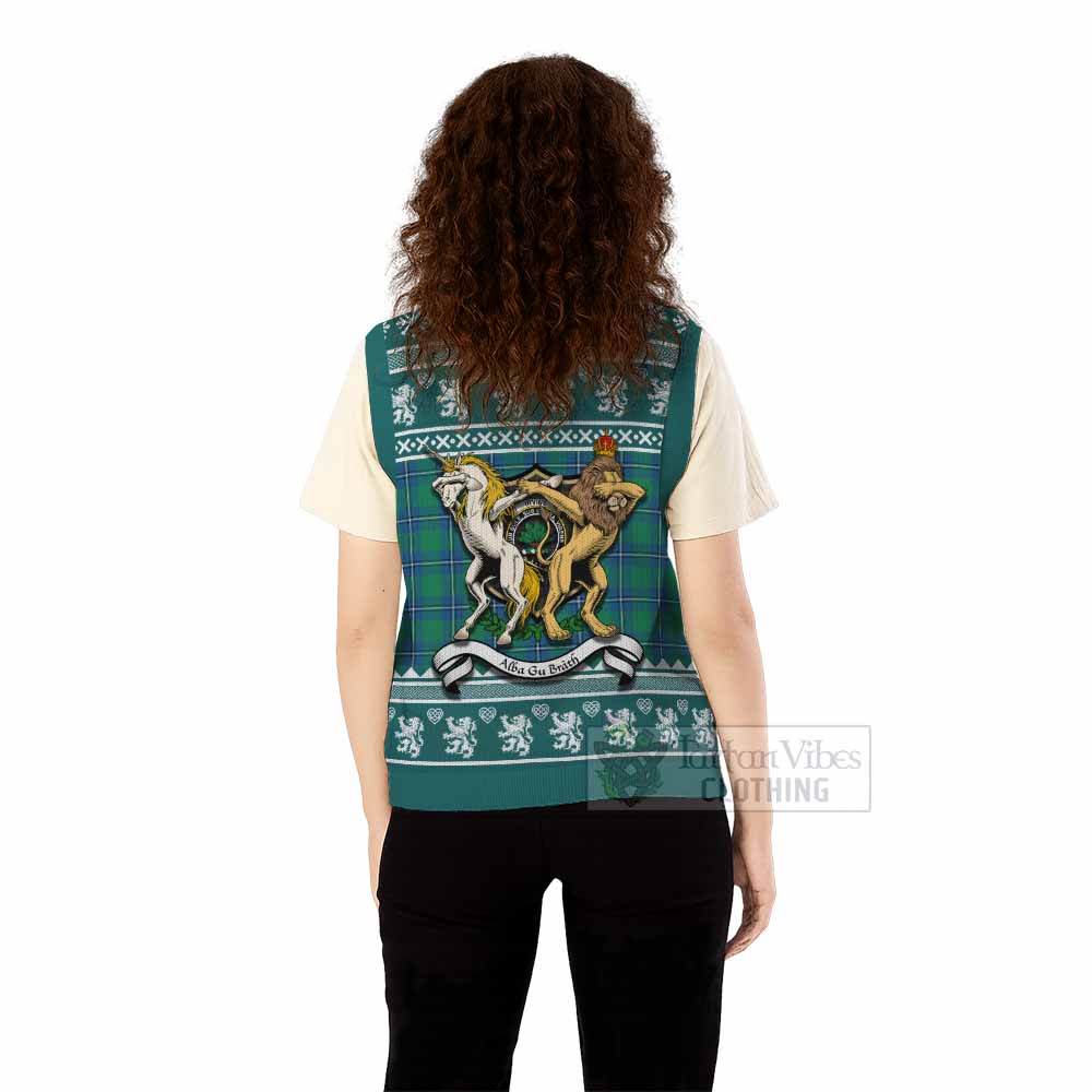 Irvine Clan Tartan Crest Christmas Knitted V-Neck Vest Coat of Arms Funny Style - Tartan Vibes Clothing